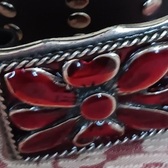 Striking Cherry Red Enamel Buckled and Silver Studded Black Leather Belt - Picture 3 of 6